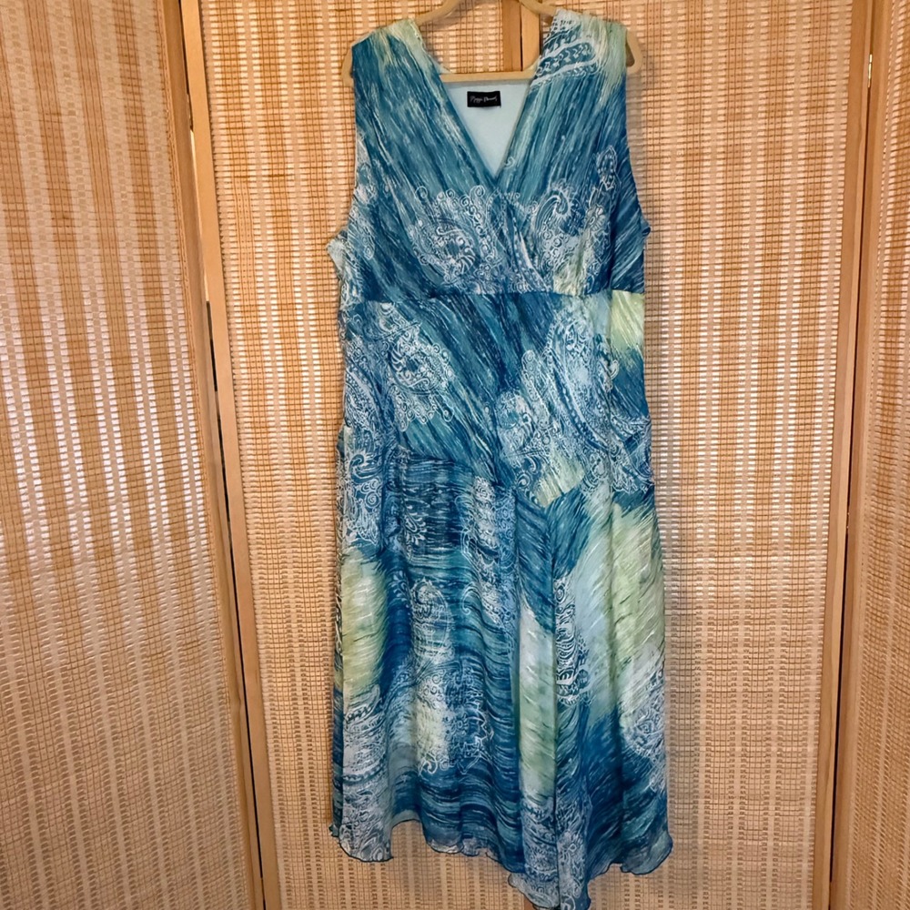 Maggie Barnes Blue Green Paisley Metallic Stripe Sleeveless V-Neck Midi Dress 3X